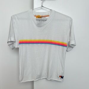 AVIATOR NATION Sunset Boyfriend Tee in White & Neon Rainbow Size S